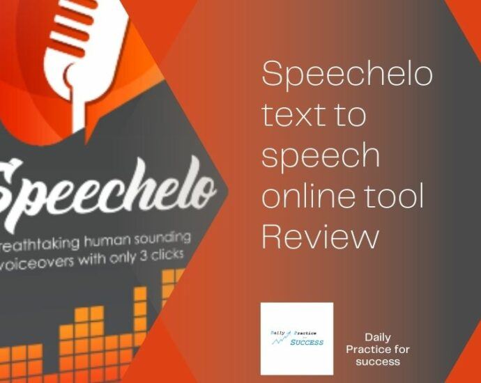 Orange and grey background. Picture of Speechelo product. Text : Speechelo text to speech online tool review.