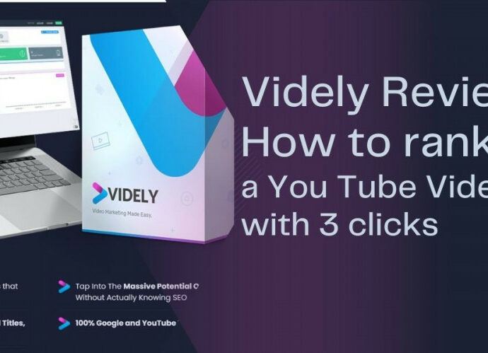Picture of a PC, A Videly Product packet and the text Videly Review How to rank a You Tube Video with 3 Clicks